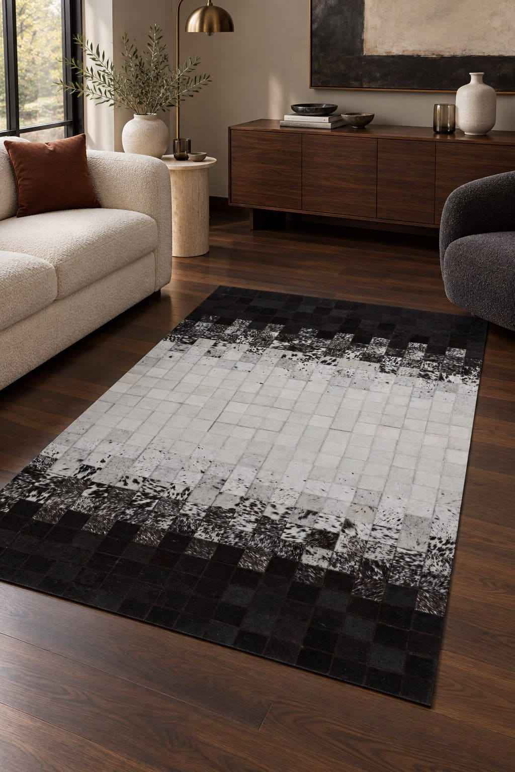 Naar Halı Tay Deri Patchwork El Yapımı Dekoratif Halı — ortam görünümü