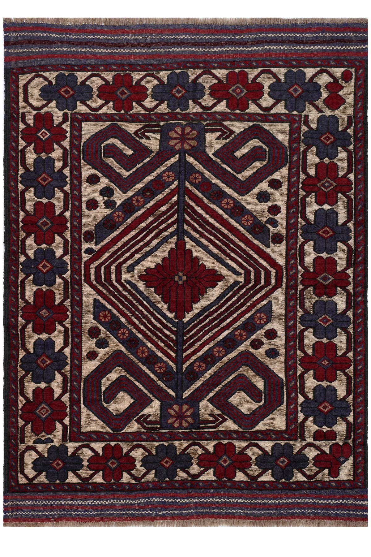 Afgan Berceste El Dokuma Yün Kilim 132x180 — üstten görünüm