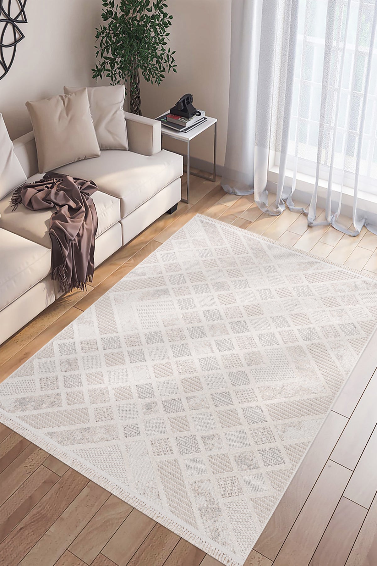 Bonn 8802 Krem Geometrik Modern Mutfak Halısı Kesme Halı — detay 2