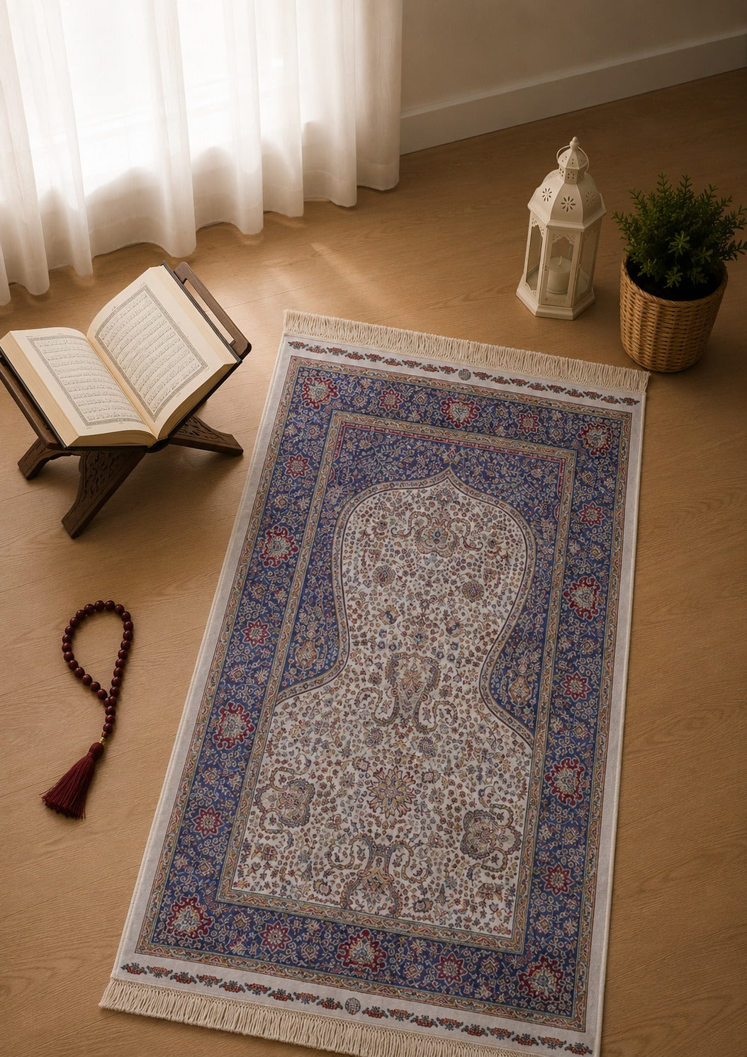 Kumkapı Serisi S163A Lüks Modal Seccade - Krem, Koyu Mavi — namaz odası mockup