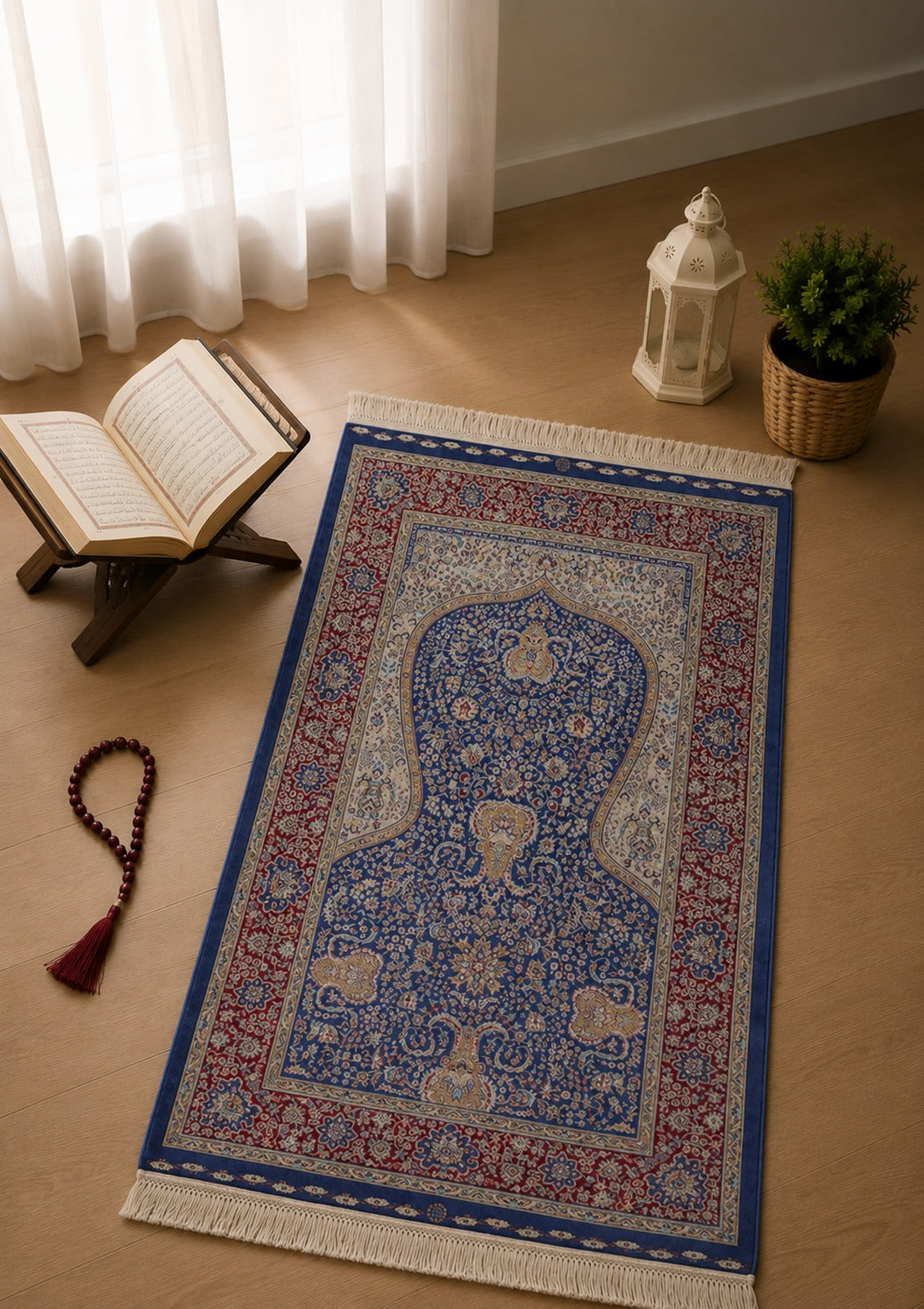 Kumkapı Serisi S163A Lüks Modal Seccade - Mavi, Bordo — namaz odası mockup