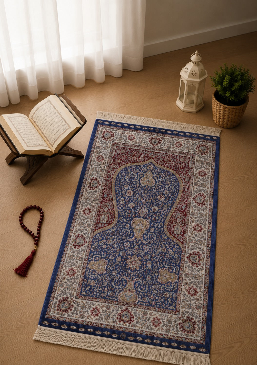 Kumkapı Serisi S163A Lüks Modal Seccade - Mavi, Krem — namaz odası mockup