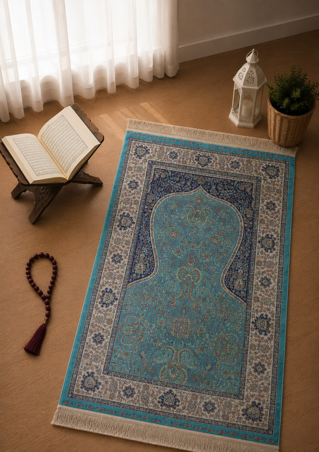 Kumkapı Serisi S163A Lüks Modal Seccade - Turkuaz, Krem — namaz odası mockup