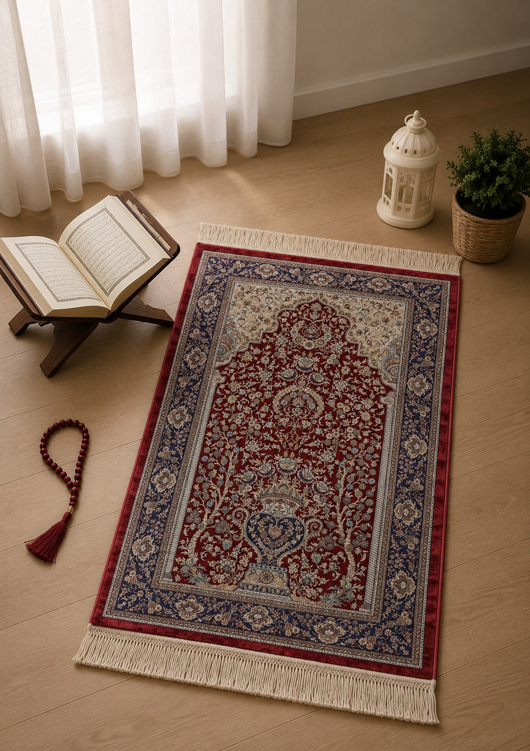 Kumkapı Serisi S818A Lüks Modal Seccade - Bordo, Mavi — namaz odası mockup