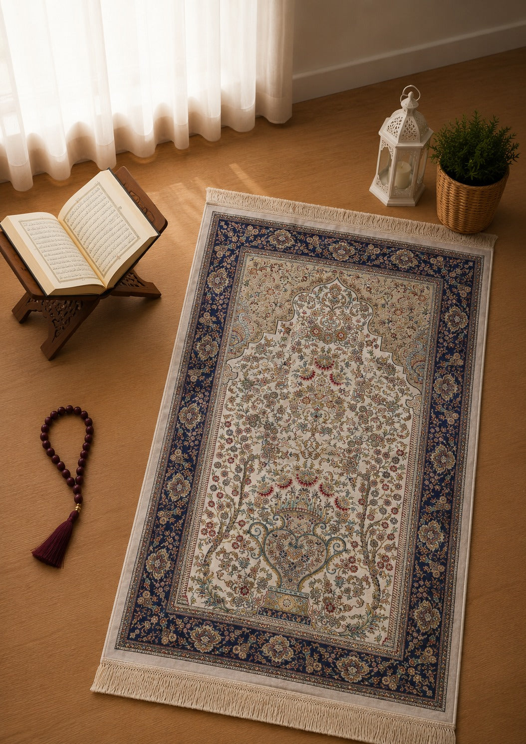 Kumkapı Serisi S818A Lüks Modal Seccade - Krem, Mavi — namaz odası mockup