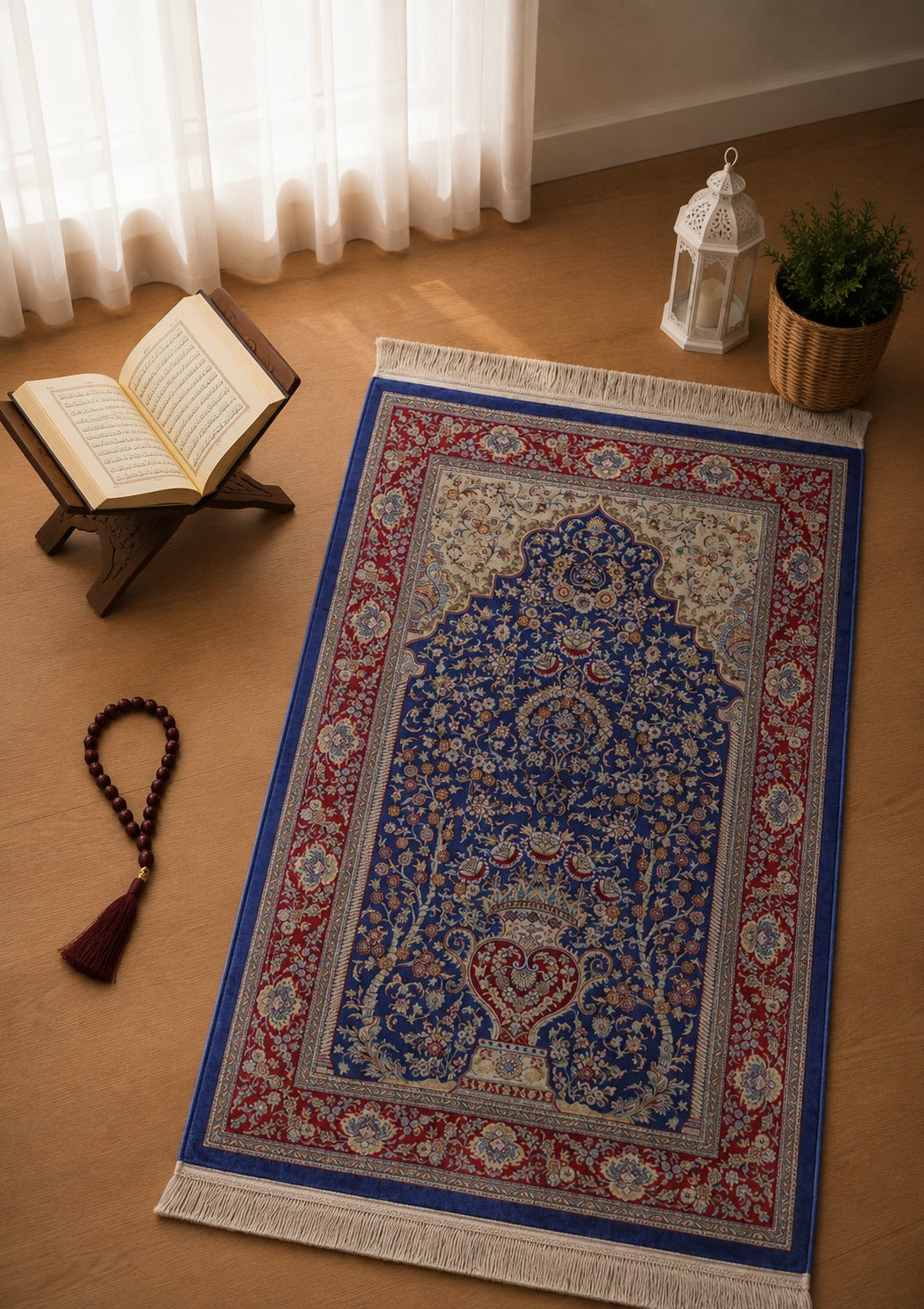 Kumkapı Serisi S818A Lüks Modal Seccade - Mavi, Bordo — namaz odası mockup