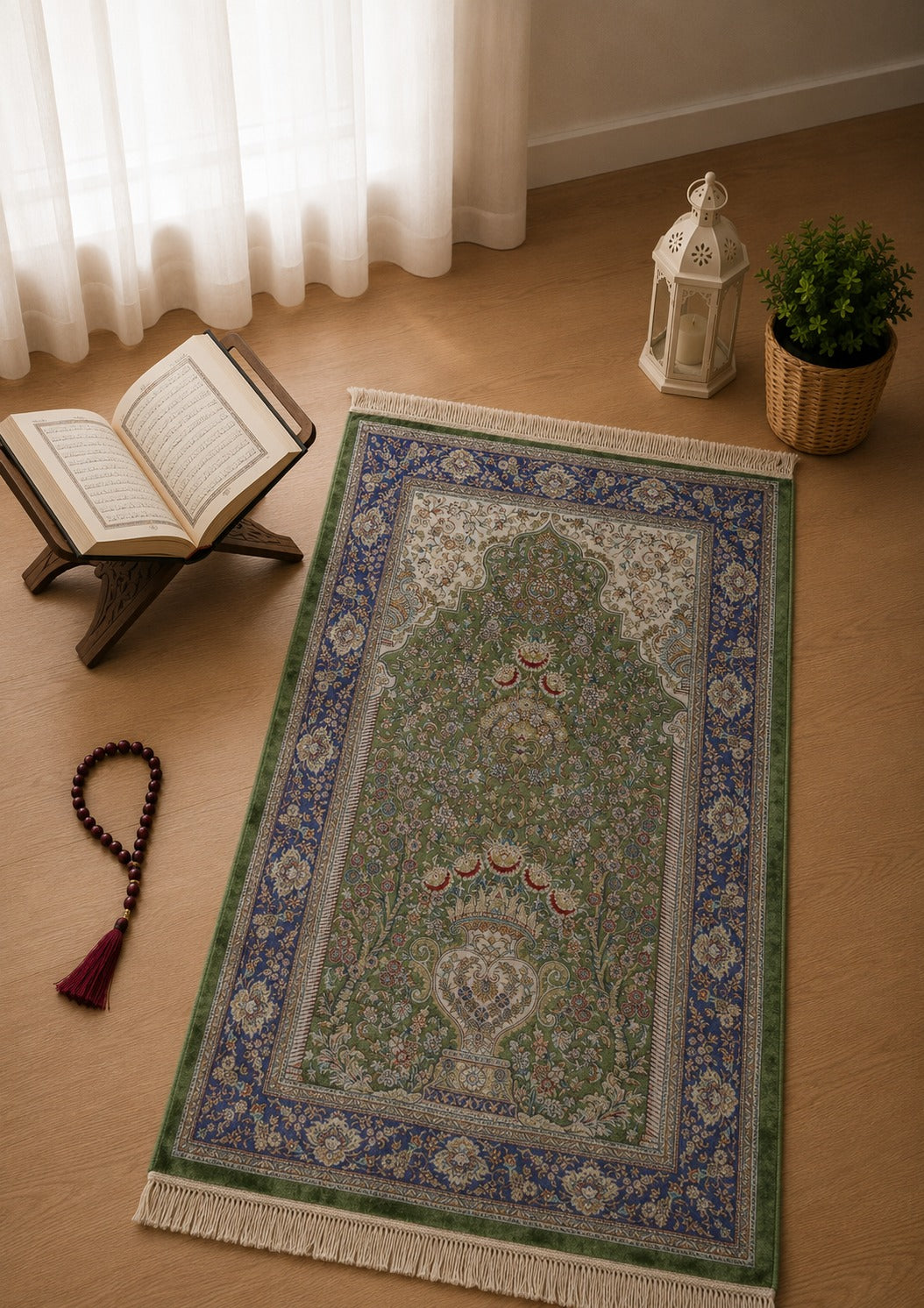 Kumkapı Serisi S818A Lüks Modal Seccade - Yeşil, Koyu Mavi — namaz odası mockup