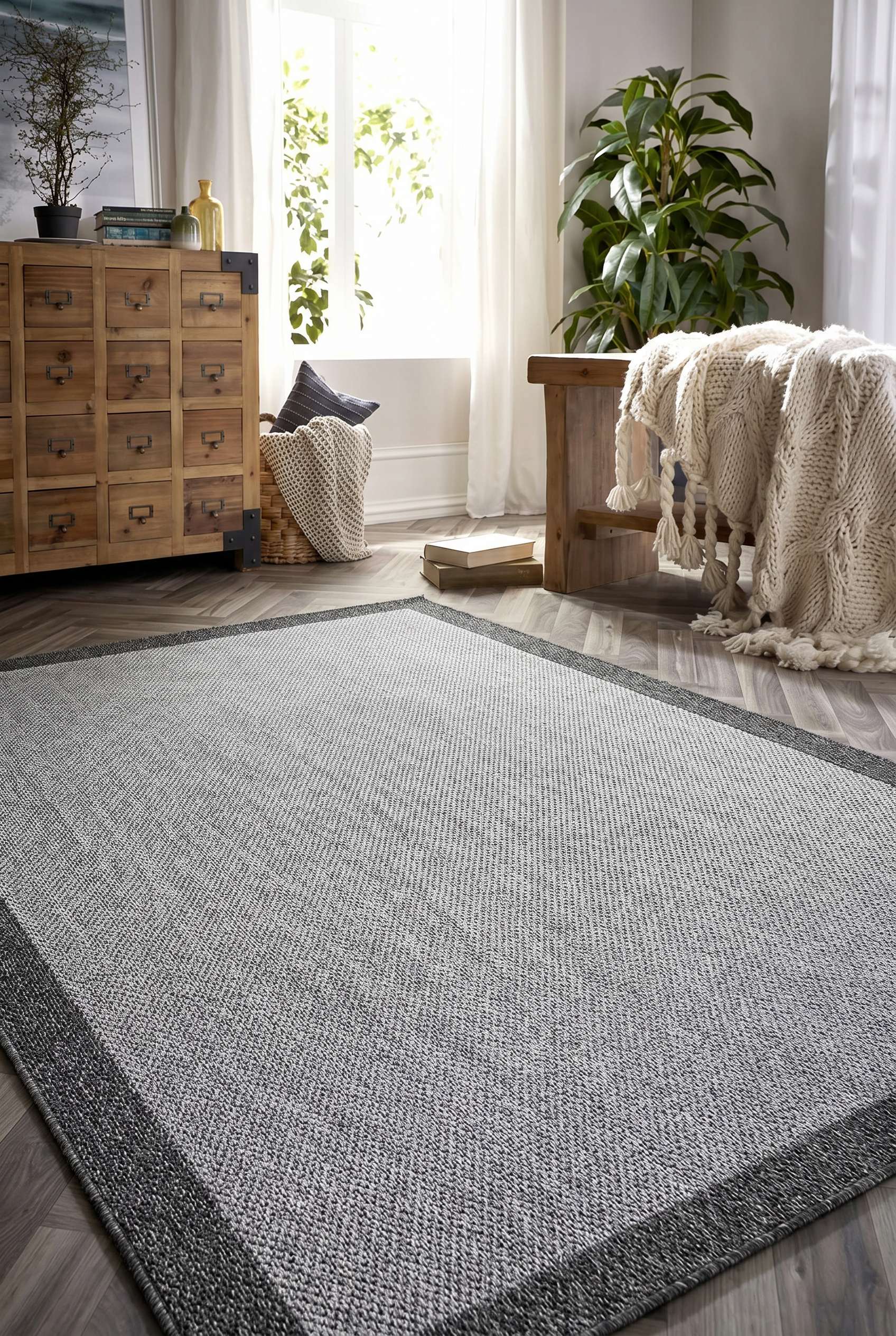 Lora 3213 Kaymaz Taban Bordürlü Sisal Halı — ortam görseli