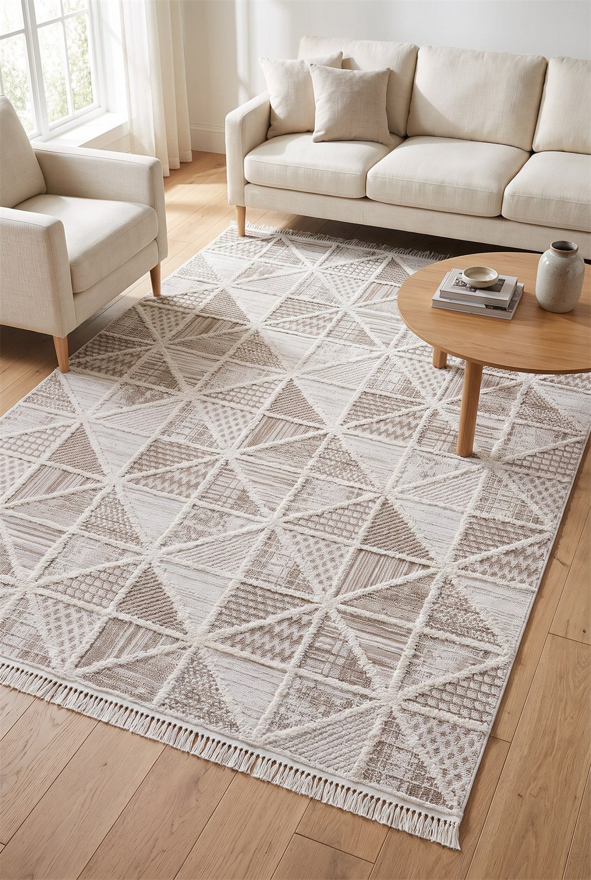 Step 2201 Krem Etnik Desenli Salon Halısı Kesme Halı — ortam görseli